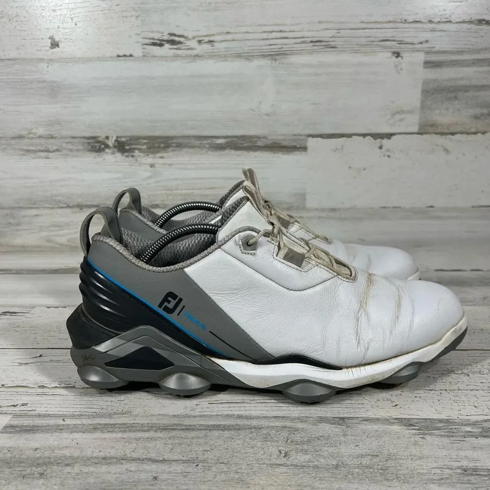 FootJoy Mens Tour Alpha Gold Shoes White Grey Blue Leather Athletic Size 10.5M